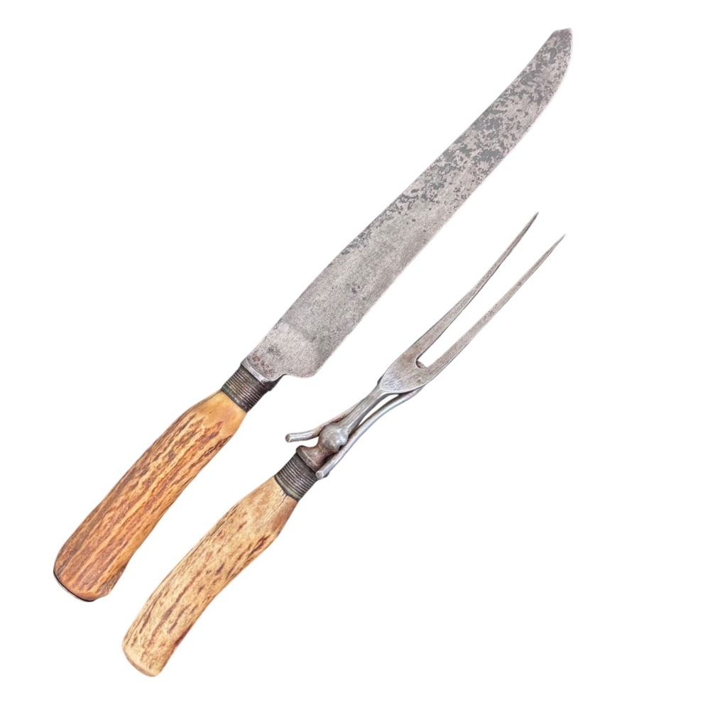 Antique Geo Wostenholm & Sons I*XL‎ Stag Horn Carving Set Sheffield England 2pc
